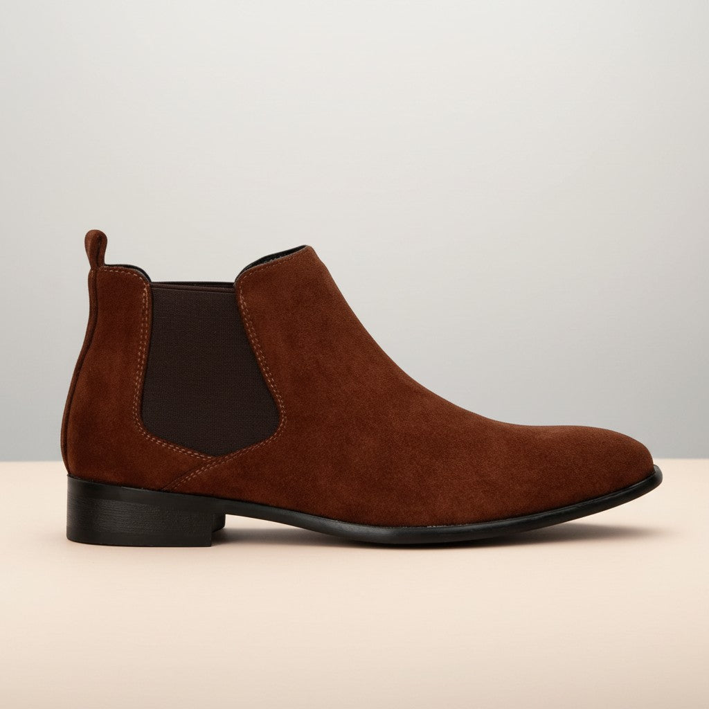 Men's suede square-toe Chelsea boots, brown with black side elastics and sole