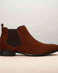 Men's suede square-toe Chelsea boots, brown with black side elastics and sole