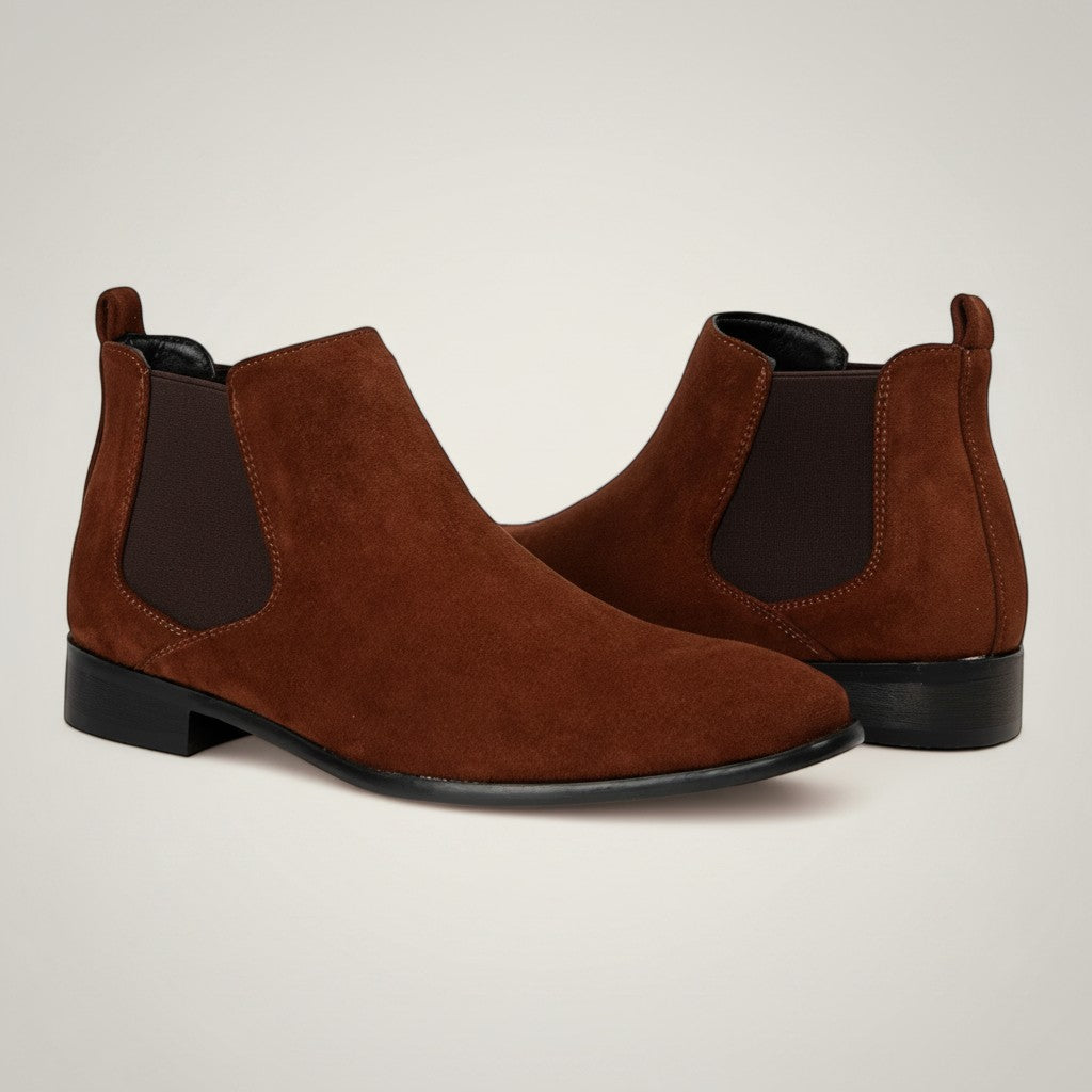 Men's suede square-toe Chelsea boots, brown with black side elastics and sole