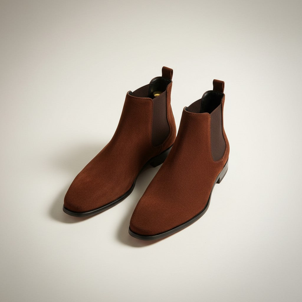 Men's suede square-toe Chelsea boots, brown with black side elastics and sole