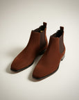 Men's suede square-toe Chelsea boots, brown with black side elastics and sole