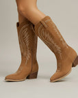 Brown suede cowboy boots with western stitch detailing and block heel