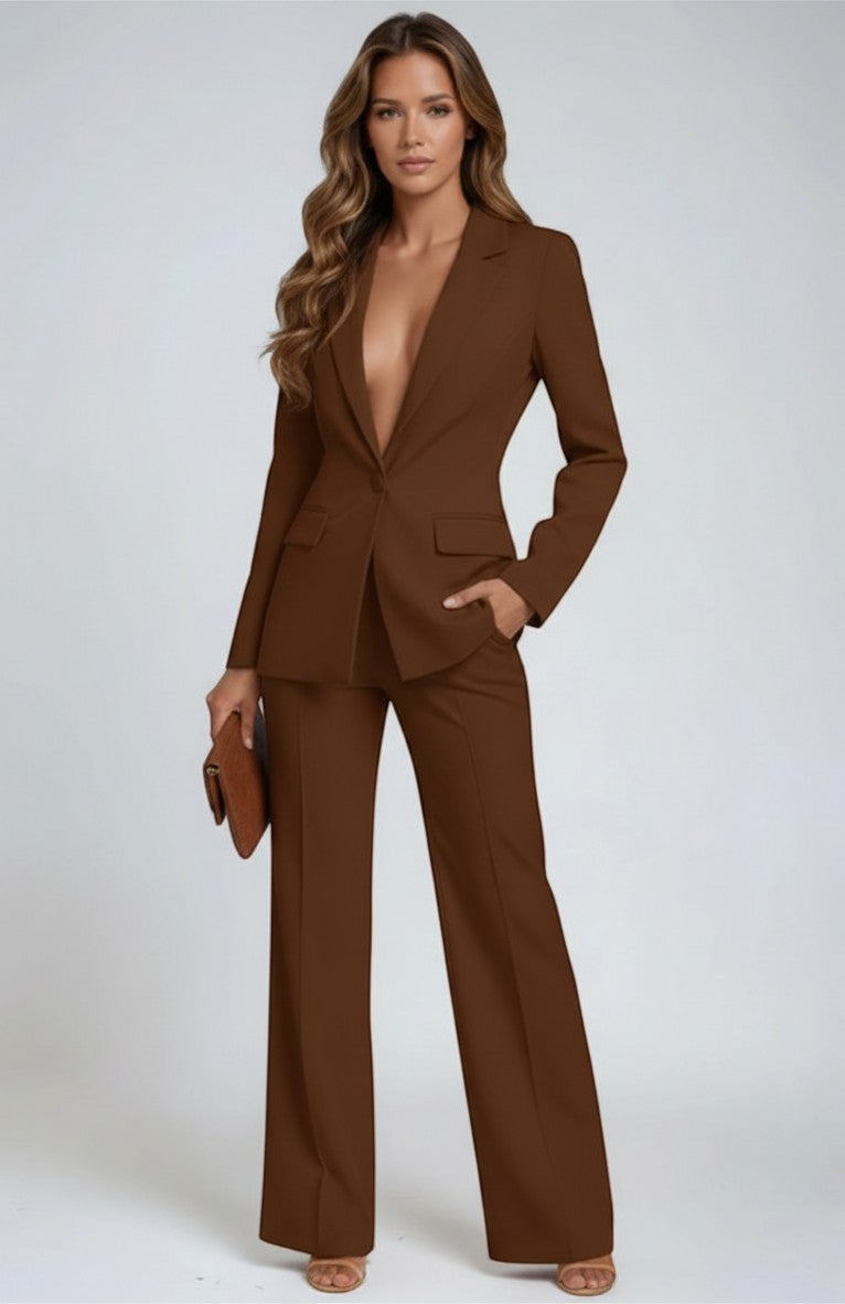 Brown tailored suit with V-neck blazer and wide-leg trousers, long sleeves