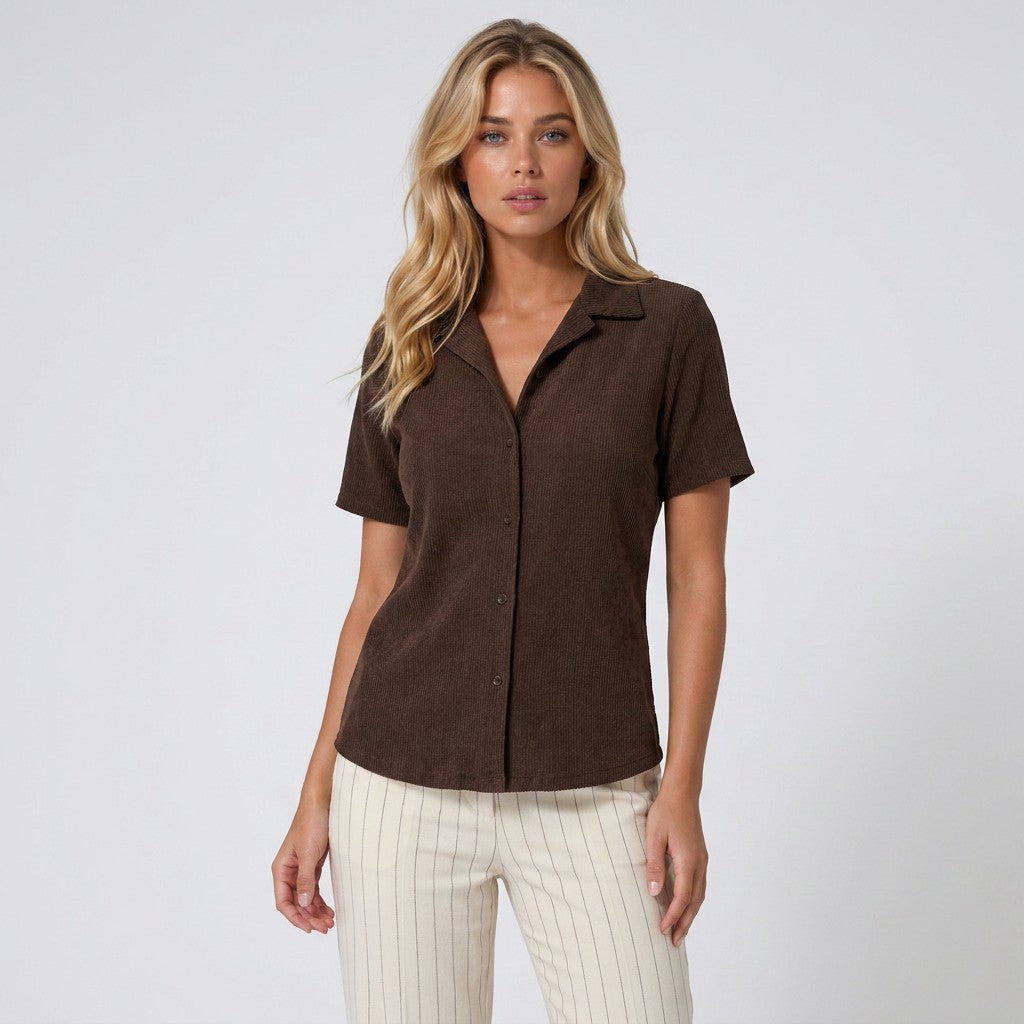 Dark brown short-sleeve button-up shirt with collar and front buttons