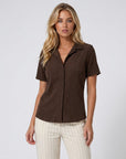 Dark brown short-sleeve button-up shirt with collar and front buttons