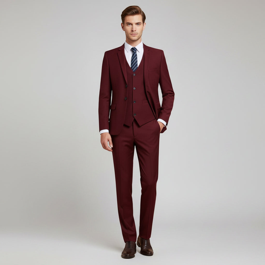 Men's 3-piece suit with notch lapel blazer and vest, burgundy, front view