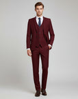 Men's 3-piece suit with notch lapel blazer and vest, burgundy, front view