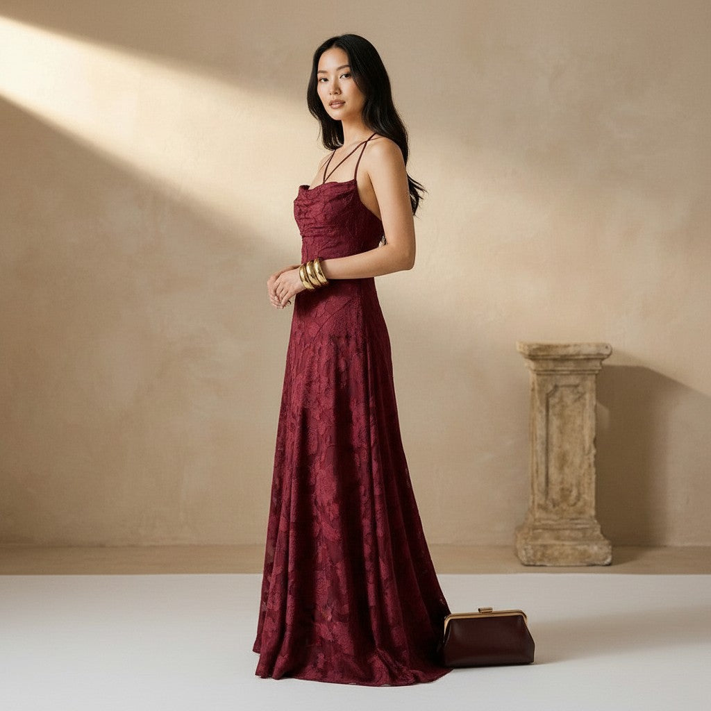 Elegant Backless Jacquard Maxi Dress with Flattering Cowl Neckline | Long Dress for Sophisticated Style 2