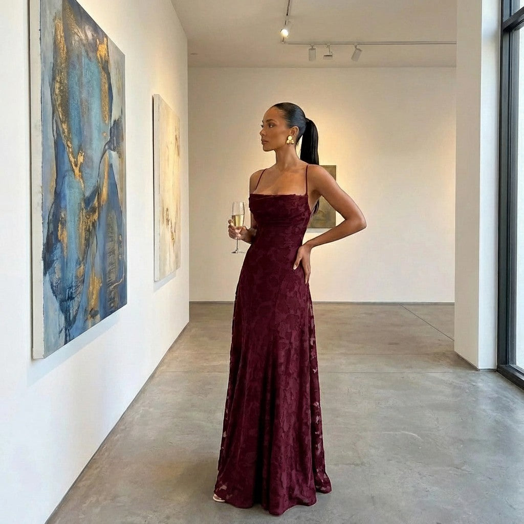 Open-back burgundy jacquard maxi dress with floral texture and spaghetti straps