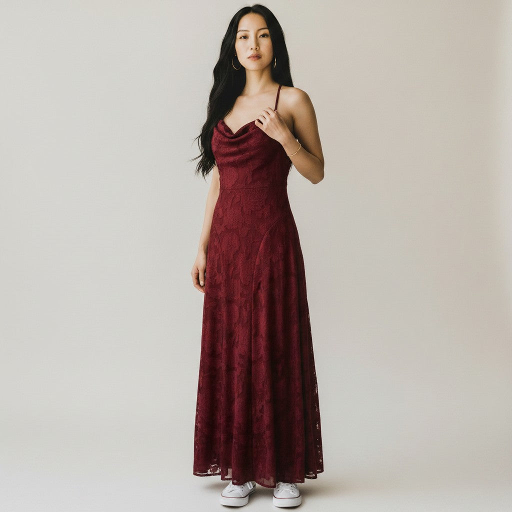 Burgundy jacquard maxi dress with spaghetti straps and V-neck, ankle-length skirt
