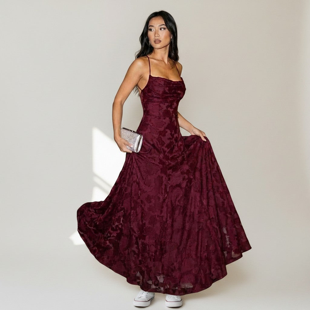 Elegant Backless Jacquard Maxi Dress with Flattering Cowl Neckline | Long Dress for Sophisticated Style 1