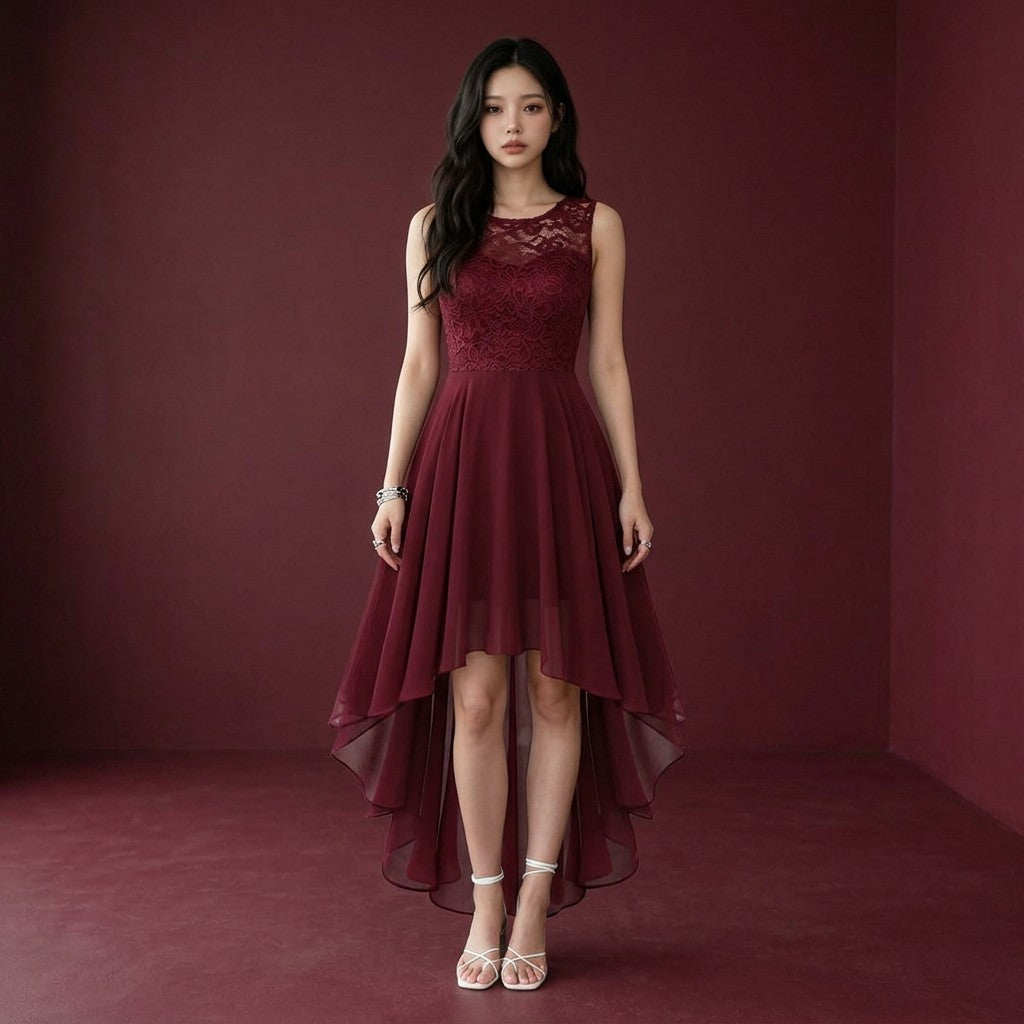 Wine sleeveless high-low cocktail dress with lace bodice and asymmetrical chiffon hem
