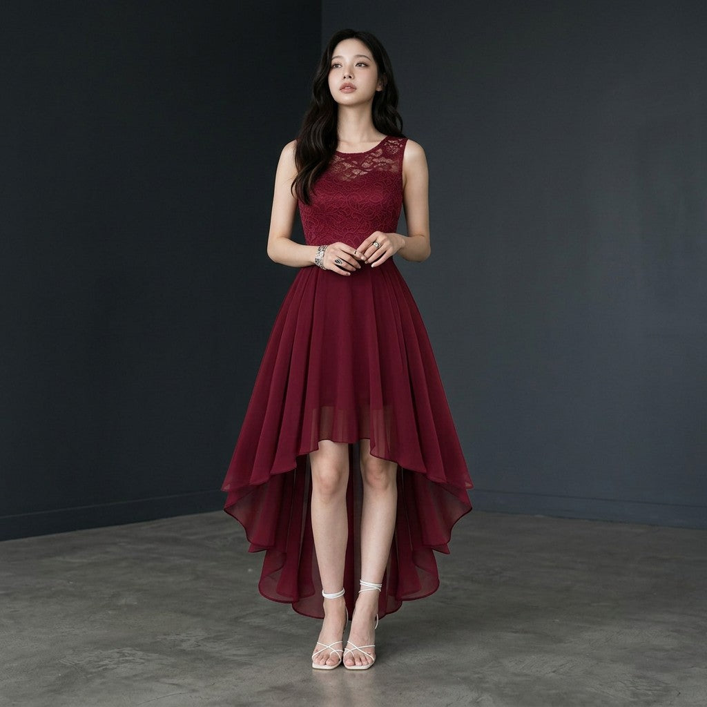 Wine sleeveless high-low cocktail dress with lace bodice and tiered chiffon skirt