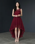 Wine sleeveless high-low cocktail dress with lace bodice and tiered chiffon skirt