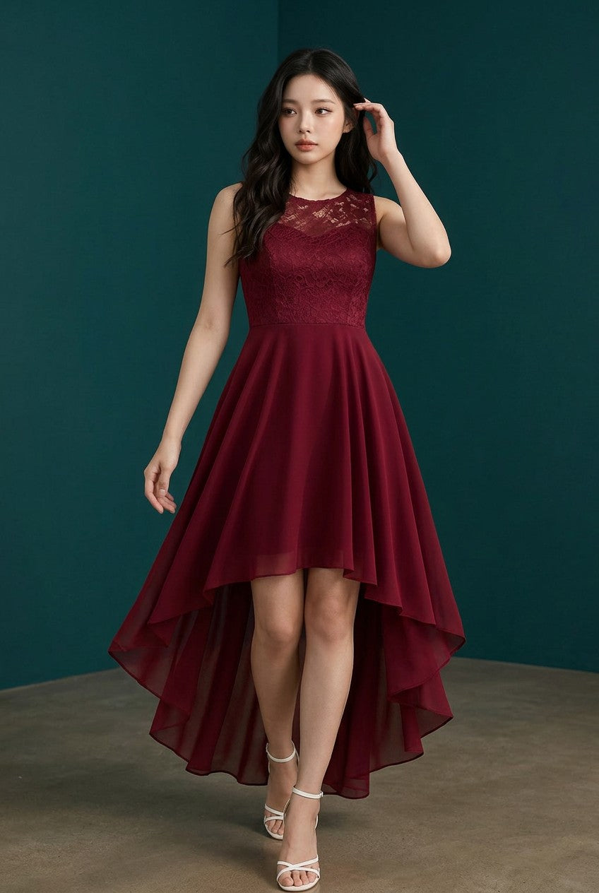 Wine sleeveless high-low cocktail dress with lace top and chiffon layered skirt