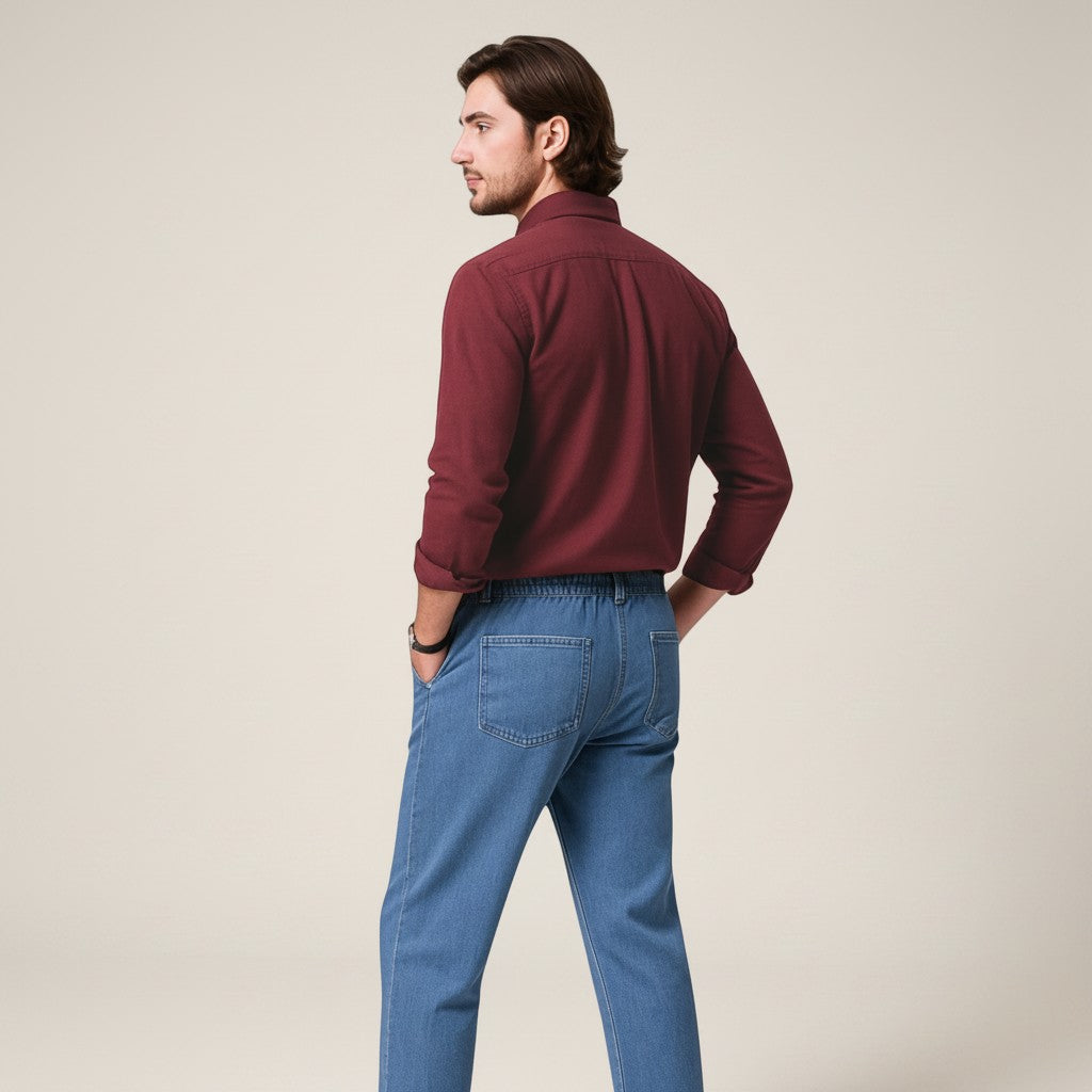 Men's slim fit long sleeve button-up shirt, burgundy back view with button cuffs
