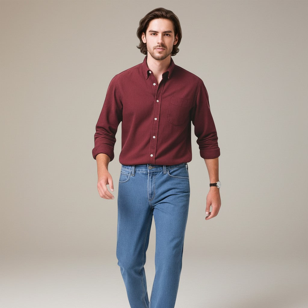 Men's slim fit long sleeve button-up shirt in burgundy, front button placket and collar