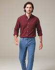 Men's slim fit long sleeve button-up shirt in burgundy, front button placket and collar