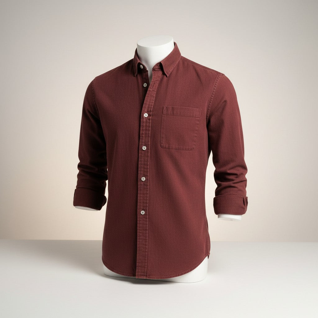 Men's slim fit long sleeve button-up shirt, solid burgundy with chest pocket