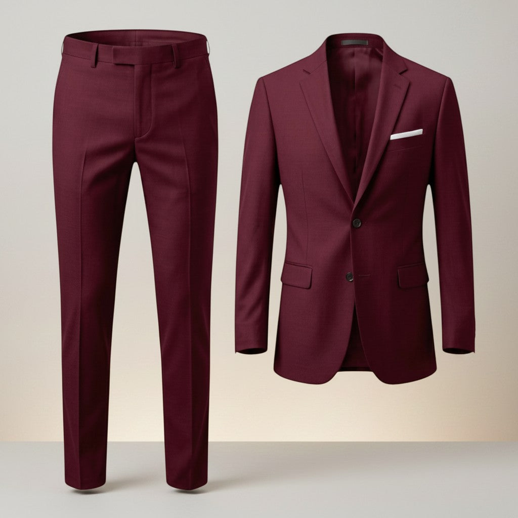 Burgundy tailored suit set: straight-leg trousers and single-breasted blazer