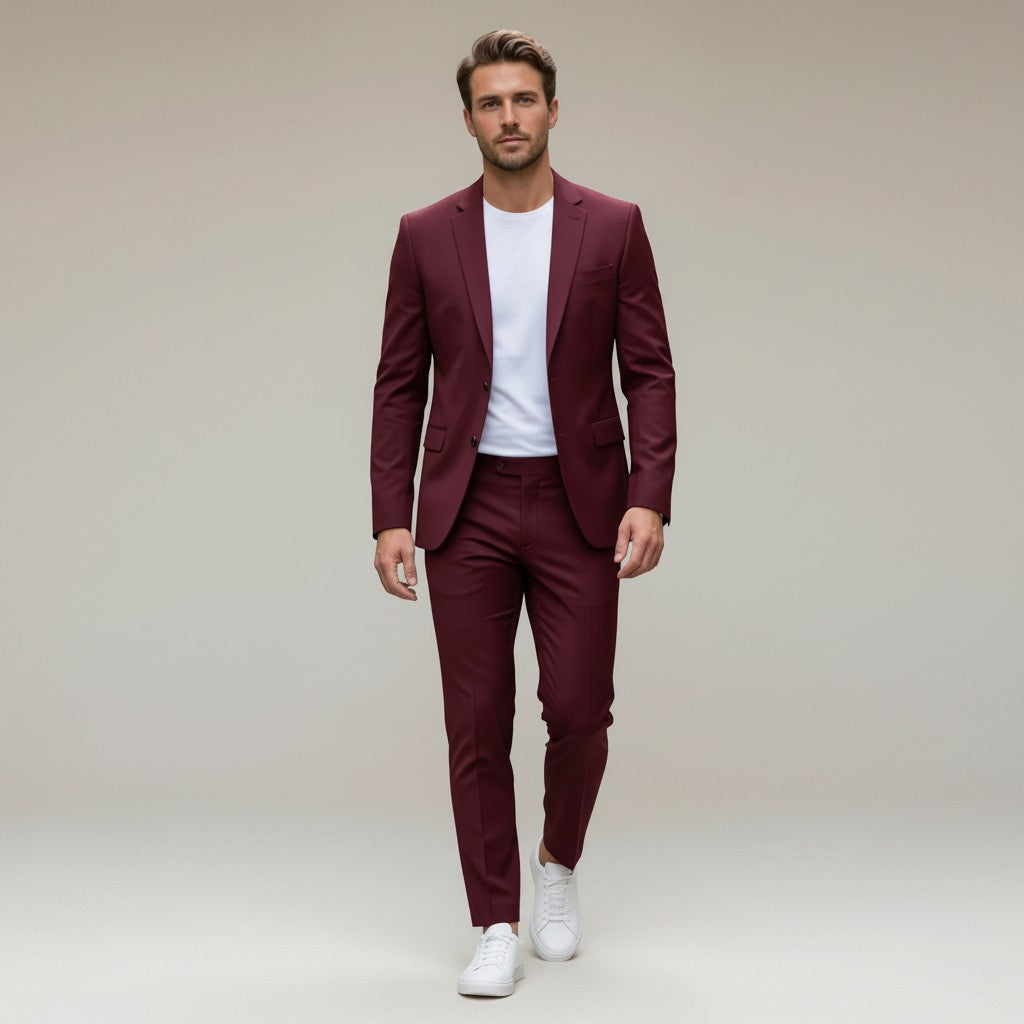 Men’s tailored two-piece suit set, burgundy blazer and straight-leg trousers