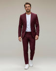 Men’s tailored two-piece suit set, burgundy blazer and straight-leg trousers