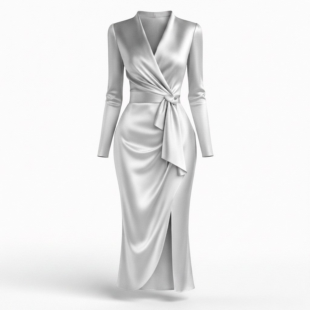 Light grey satin midi wrap dress with V-neck, long sleeves, tied waist bow and slit.