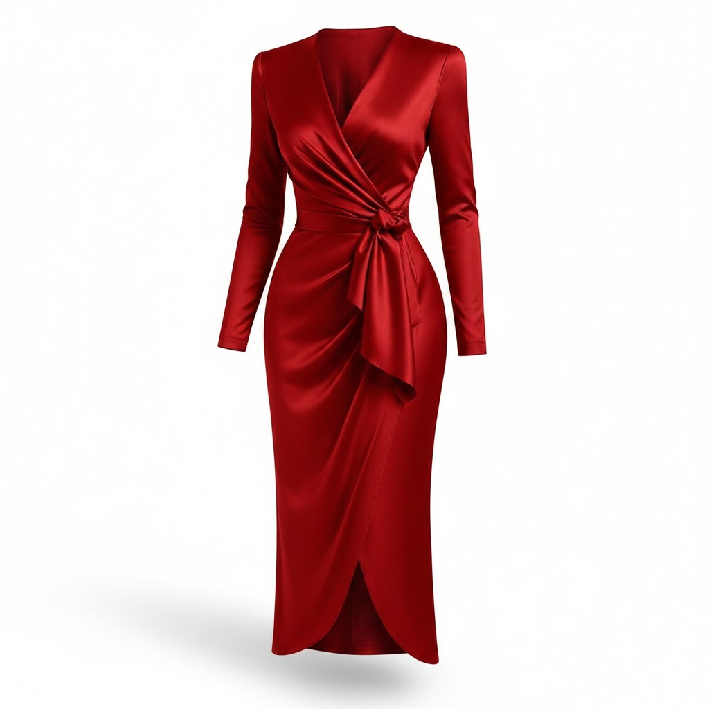 Red satin midi wrap dress back view with long sleeves and bow-tie waist.