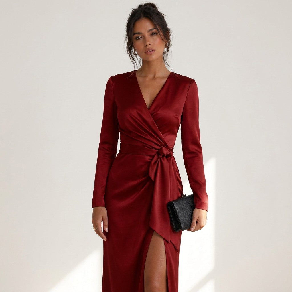 Women's Luxurious Satin Midi Dress | Elegant Wrap Style with V-Neckline 4