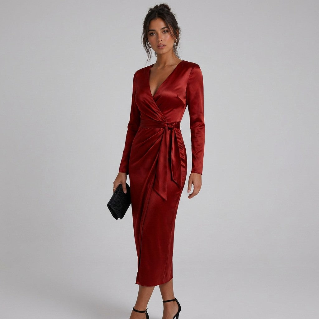 Women's Luxurious Satin Midi Dress | Elegant Wrap Style with V-Neckline 1
