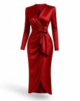 Red satin midi wrap dress back view with long sleeves and bow-tie waist.