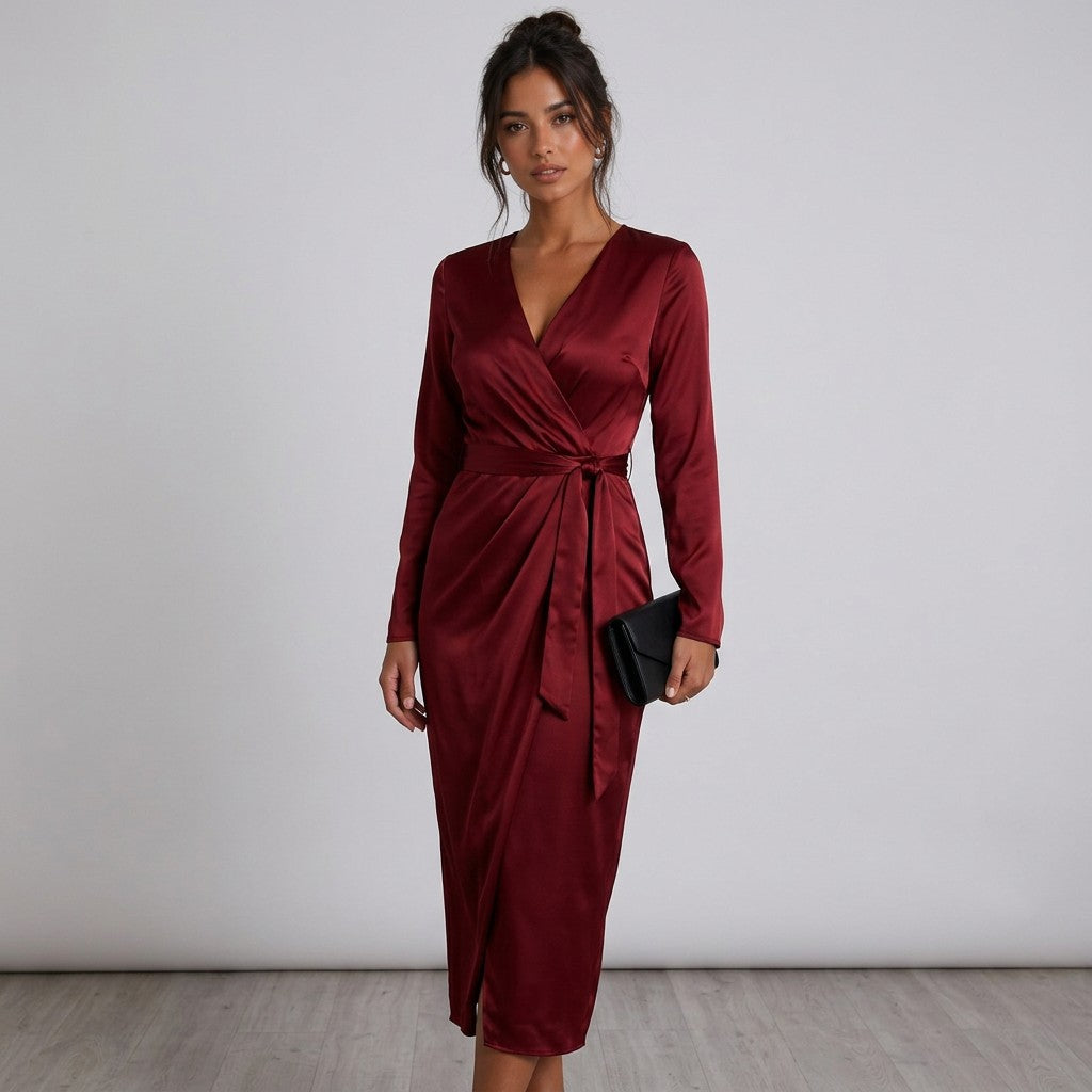 Women's Luxurious Satin Midi Dress | Elegant Wrap Style with V-Neckline 2