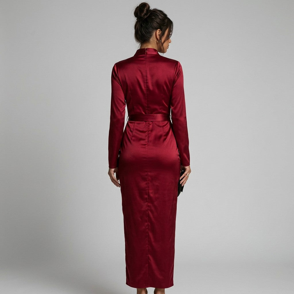 Women's Luxurious Satin Midi Dress | Elegant Wrap Style with V-Neckline 3