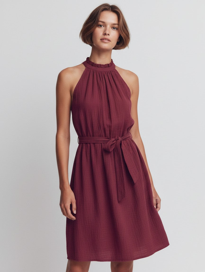 Sleeveless high-neck dress with gathered neckline and tie waist in burgundy