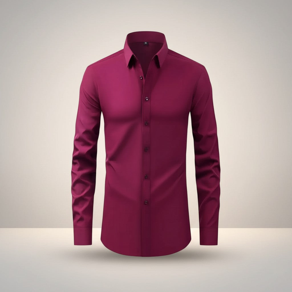 Men's slim-fit stretch dress shirt, burgundy button-front long sleeves, pointed collar.