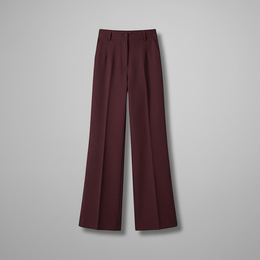 High-waist tailored trousers in burgundy with belt loops and front button closure