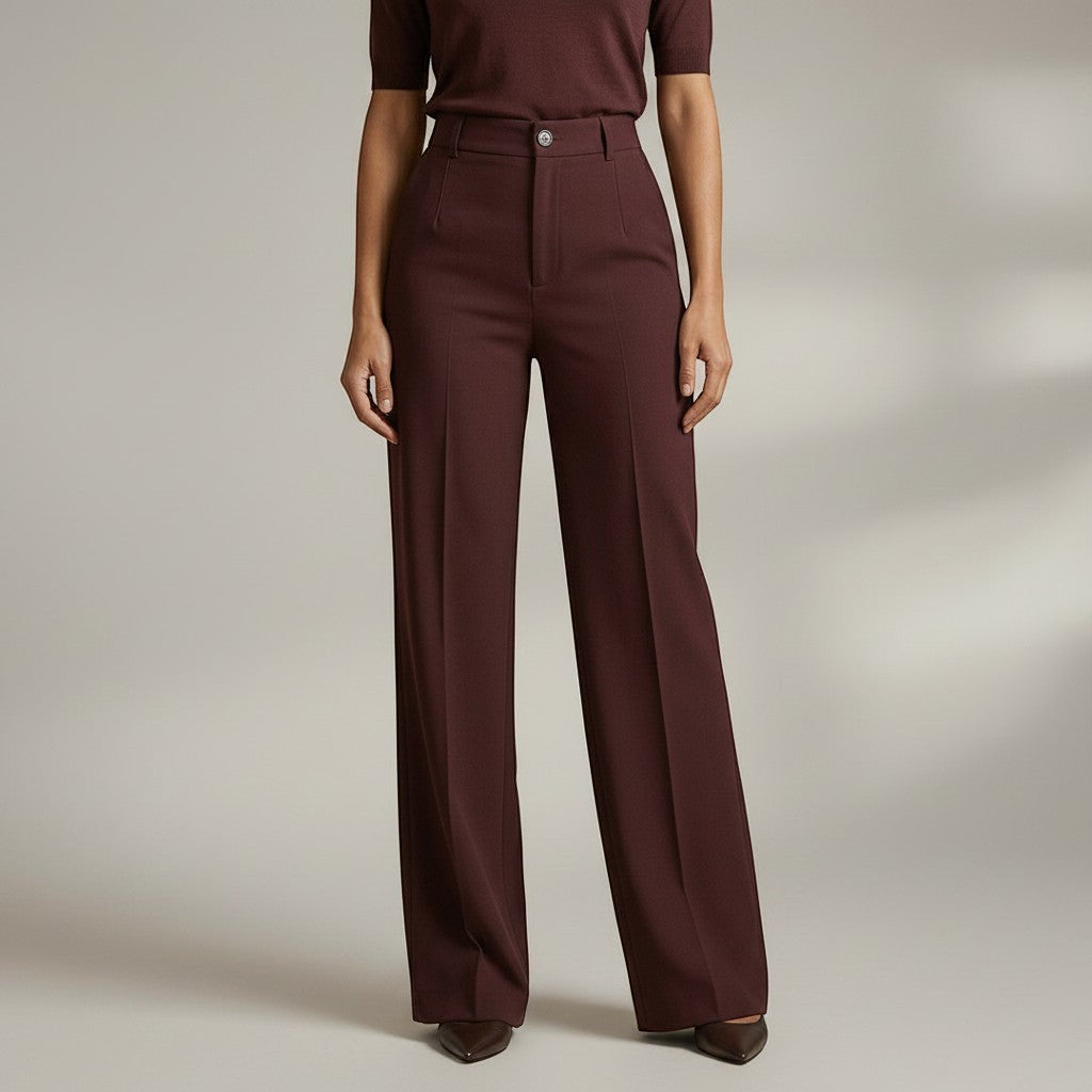 High-waist tailored trousers in deep plum with belt loops and front button closure