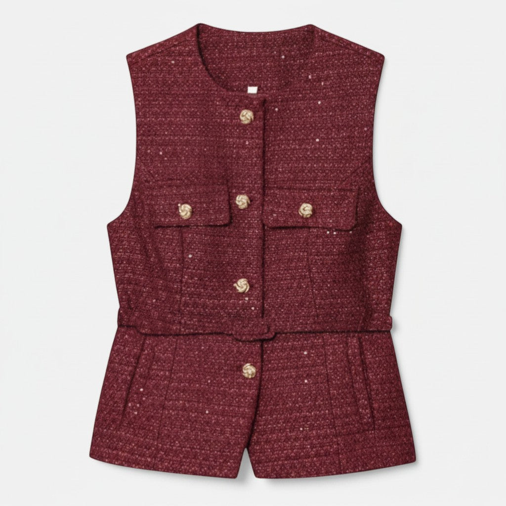 Burgundy tweed sleeveless vest with gold button front and belted waist