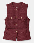 Burgundy tweed sleeveless vest with gold button front and belted waist
