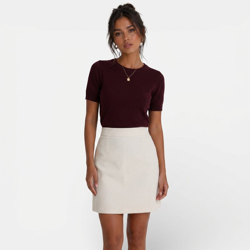 Women’s wool-blend knit sweater, dark red short-sleeve crewneck with rib hem
