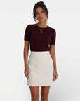 Women’s wool-blend knit sweater, dark red short-sleeve crewneck with rib hem