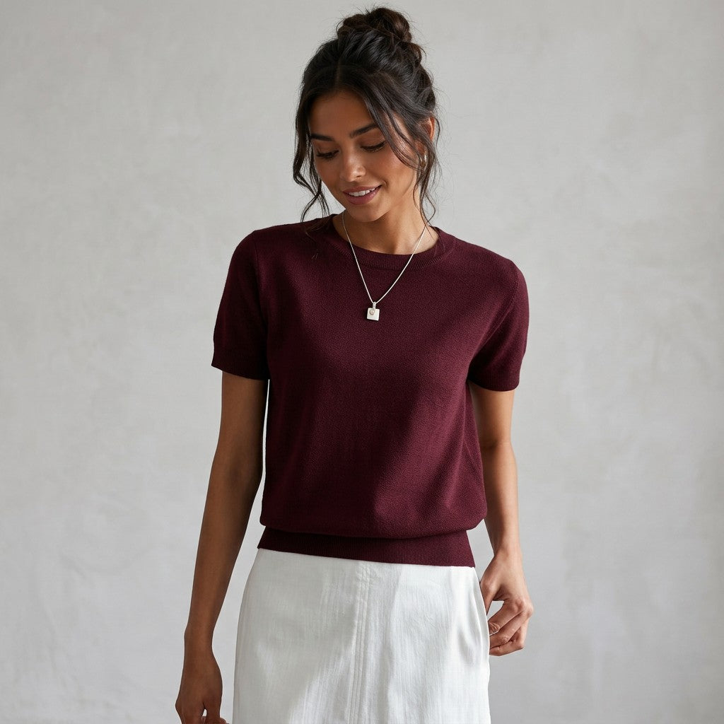 Women’s wool-blend knit sweater, dark red short-sleeve crewneck top