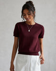 Women’s wool-blend knit sweater, dark red short-sleeve crewneck top