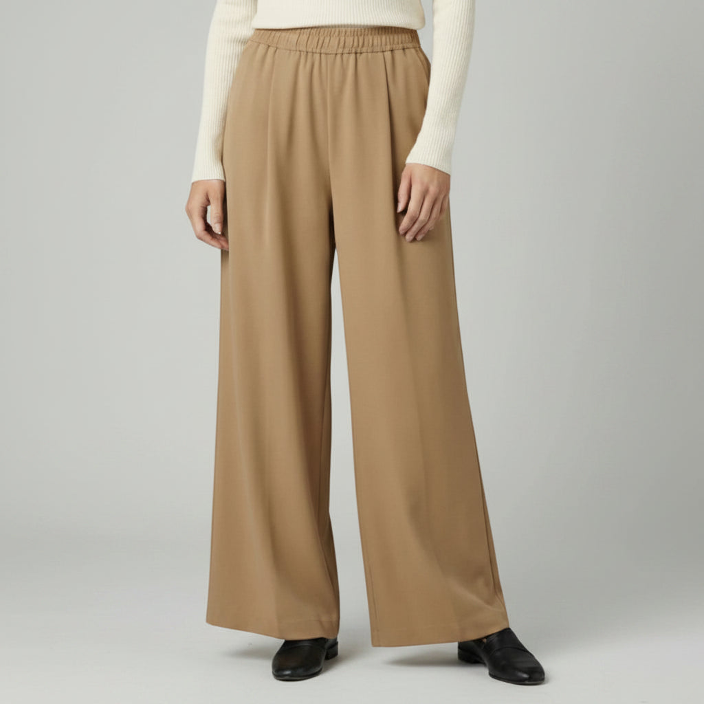 Wide-leg trousers with elastic waist, pleated front, beige