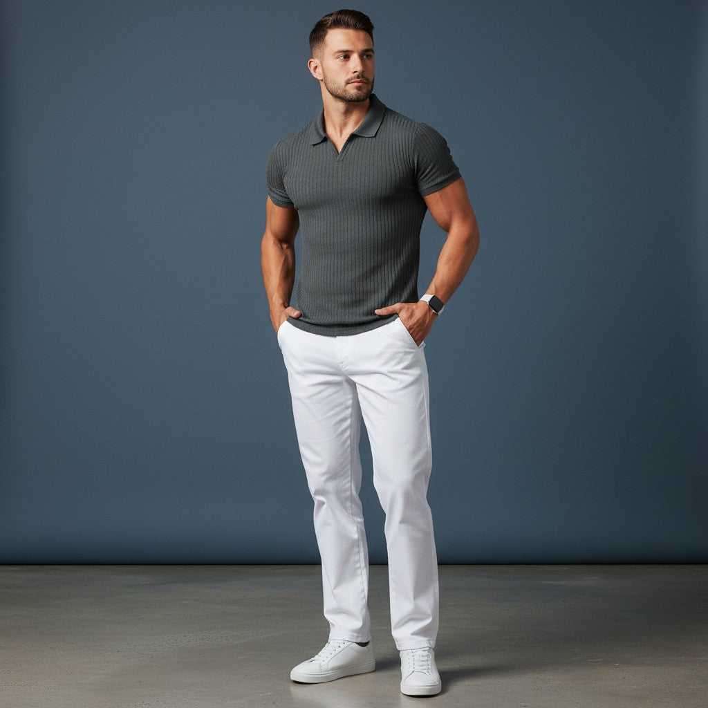 Men's solid knitted polo shirt, dark gray, short sleeves, ribbed knit