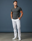 Men's solid knitted polo shirt, dark gray, short sleeves, ribbed knit