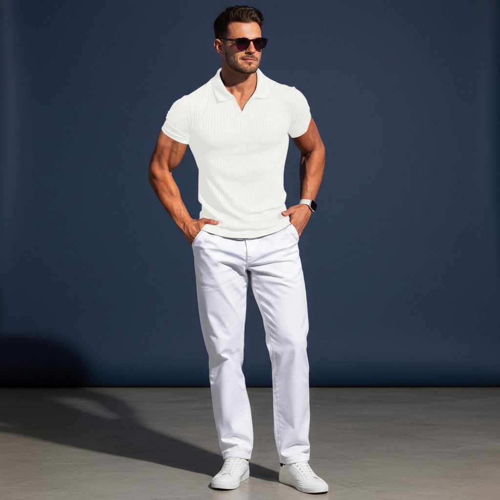 Men's solid knitted polo shirt, white, short sleeves, ribbed knit