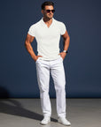 Men's solid knitted polo shirt, white, short sleeves, ribbed knit