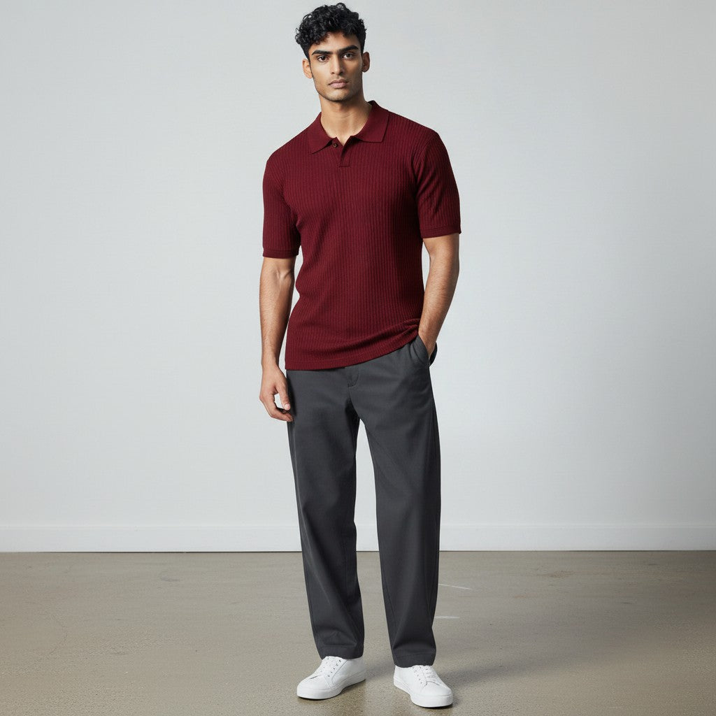 Men's solid knitted polo shirt, red, short sleeves, ribbed knit