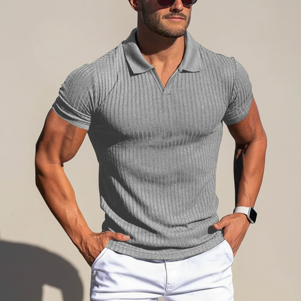 Men's solid knitted polo shirt, light gray, short sleeves, ribbed knit